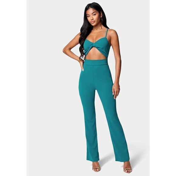 Bebe TWIST FRONT WIDE LEG JUMPSUIT Harbour Blue NEW - Picture 1 of 9